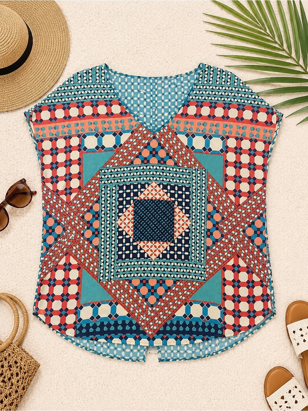 august silk Blue & Cream Geometric V-Neck Top